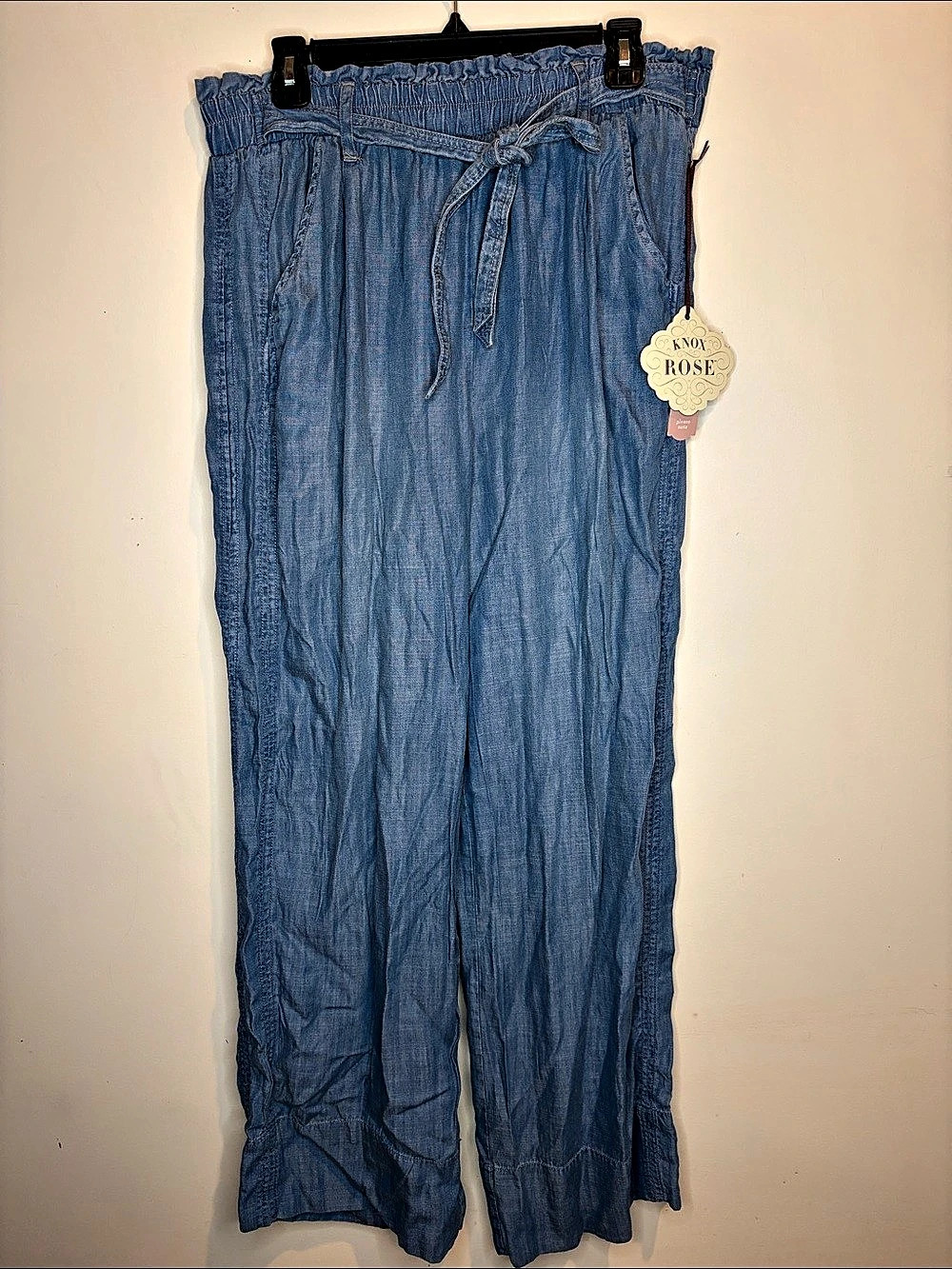 Knox Rose Chambray Paperbag Waist Wide Leg Pants Blue